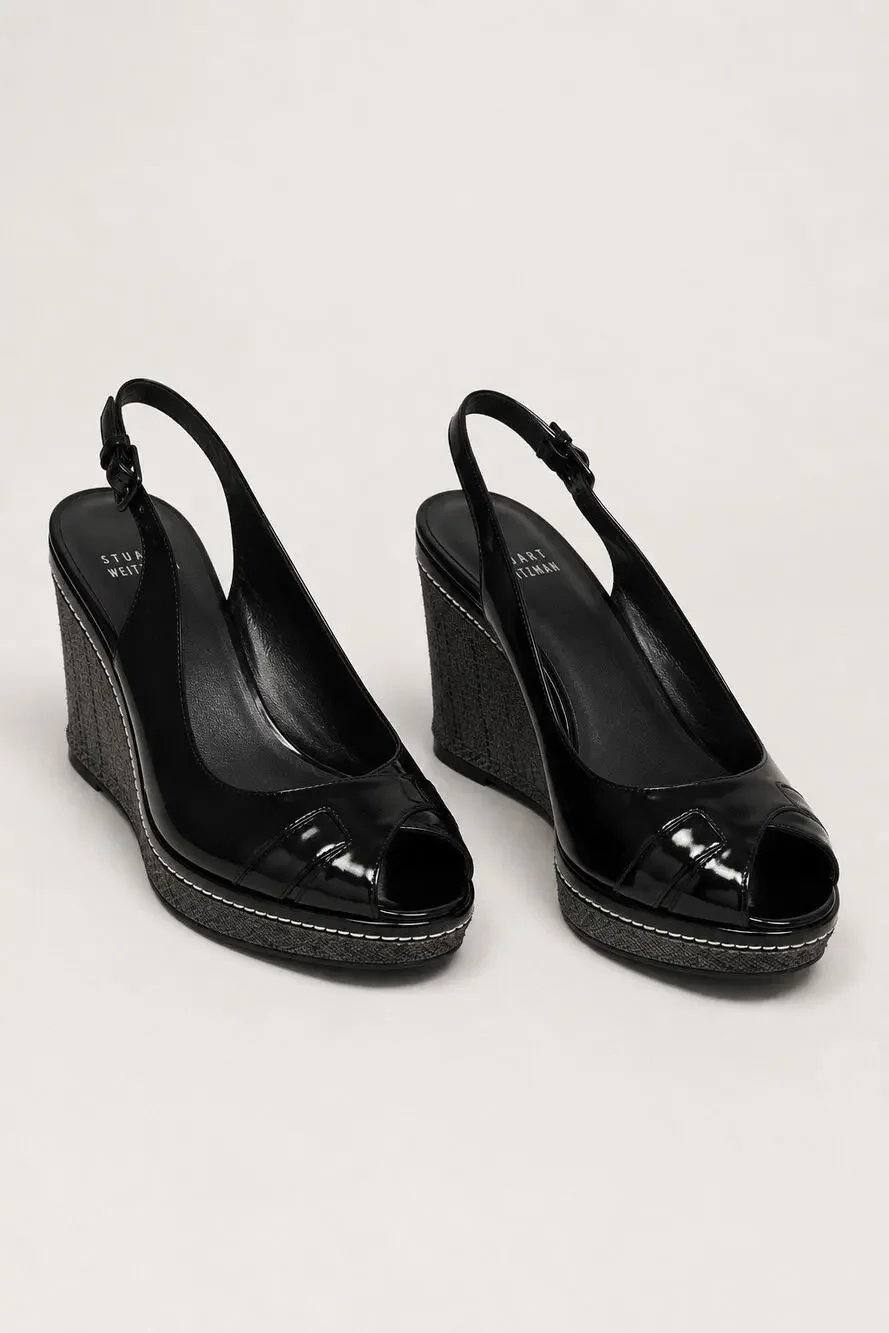 Stuart Weitzman Black Patent Leather Slingback Wedge Sandals – Women’s Size 9M